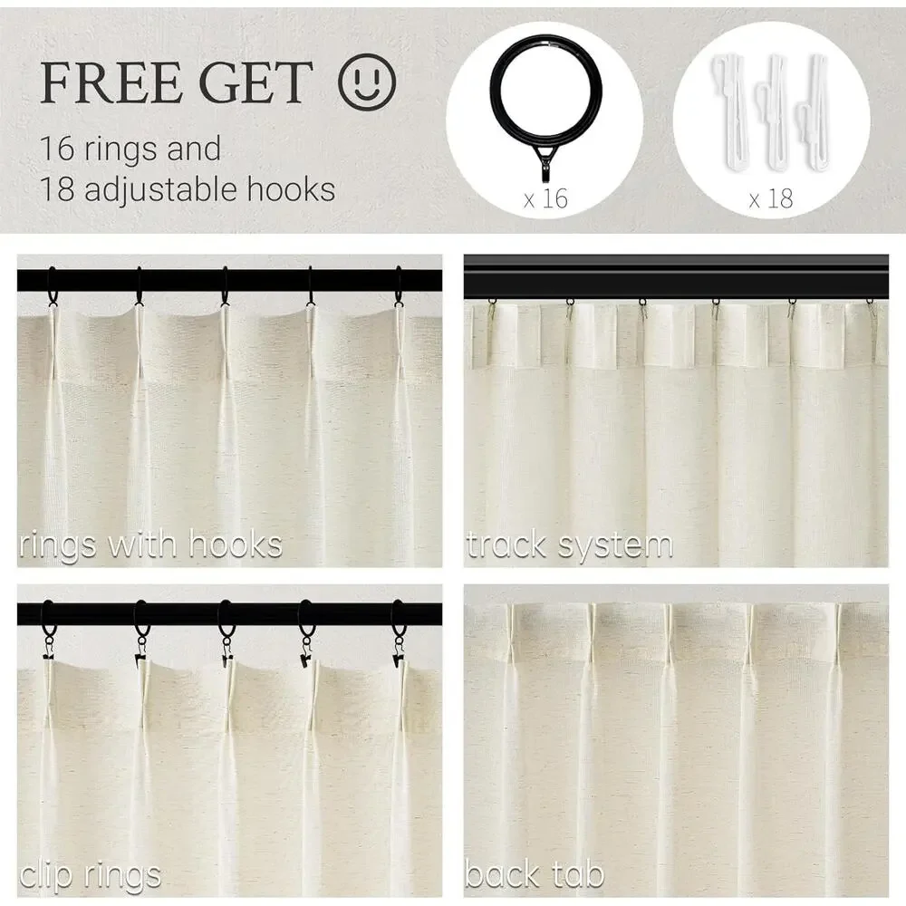 Pinch Pleated Curtains 40x90 Natural Cream Semi Sheer Linen Look 2 Panels